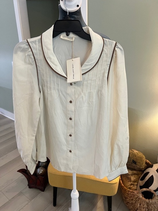 Love Just Smile Tops - Cream Long-Sleeve Peter Pan Collar Blouse with Brown Trim
